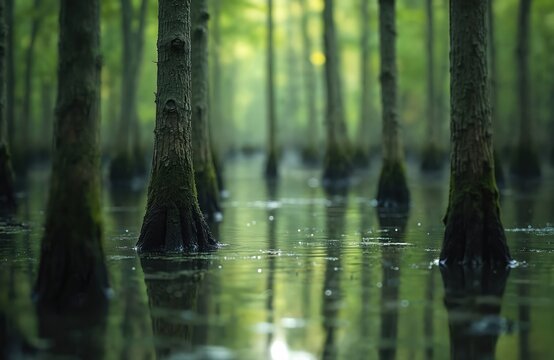 Cypress trees grow in shallow water. Their bases flare out forming knees. Green swamp forest reflects in calm water surface. Mystical moody atmosphere.