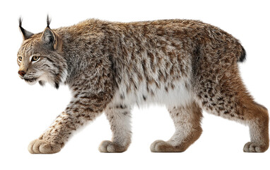 Obraz premium Lynx moving carefully with lifelike posture, subtle shadows, and expressive eyes illustrating natural wildlife charm isolated on transparent background PNG