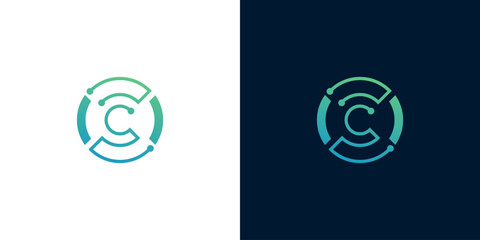 Abstract circular C letter logo design with digital circuit elements, symbolizing advanced technology, data connectivity, and secure network solutions for modern tech companies