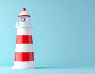 Red and white striped lighthouse 3d illustration on blue background.