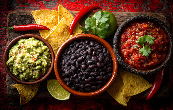 Vegetarian Mexican food concept: refried black and red beans. guacamole, salsa, chili, tortilla chips and fresh ingredients over vintage red rustic wooden background. Top view, flat lay