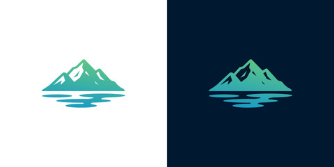 A striking and tranquil graphic logo design featuring majestic mountains reflected in serene waters, symbolizing adventure, nature's beauty, and peaceful outdoor exploration © Eunois