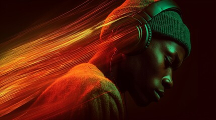 Person dark-skinned gen-z listens to music with headphones while colorful lights shine in the background during evening time