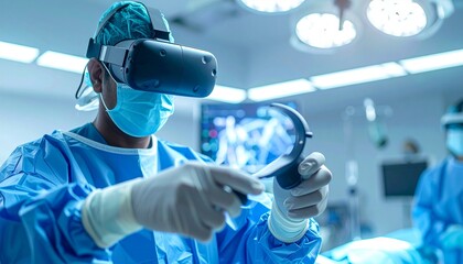 A surgeon wearing a virtual reality headset and surgical attire interacts with a medical device in a hospital operating room with bright lighting.