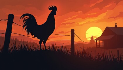 Fototapeta premium Rooster stands tall on a fence post at sunrise with a barn and mountains behind it. Fiery orange sky fills the background. Peaceful country morning scene.