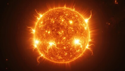 Fiery sun glows bright in dark space. Intense solar flares erupt from star surface. Radiant plasma streams outward, creating stellar spectacle. Its immense energy powers solar system.