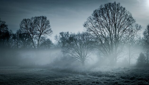 Winter fog drifting through bare tree silhouettes with a soft atmospheric glow and muted tones, creating a calm, moody landscape ideal for seasonal, nature, and background concepts. - Powered by Adobe