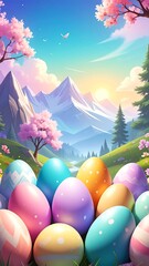A springtime Easter scene painted eggs in a meadow with mountains, pink blossoms, and a sunny sky
