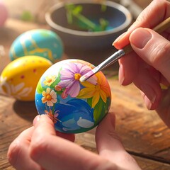 A person paints a vibrant Easter egg with floral designs using a fine brush on a rustic wooden surface