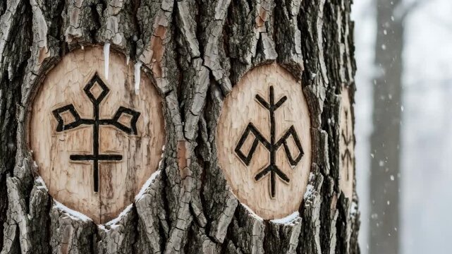 Close up of a tree carved with pagan runes in winter, a symbol for seasonal holidays