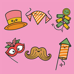 Whimsical illustration of festive party accessories like a masquerade mask, top hat, mustache, and fireworks with happy faces on a pink background.
