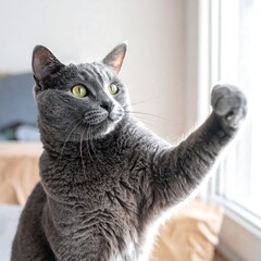 A gray cat reaches towards a bright window, its yellow eyes gleaming with curiousity and focused attention