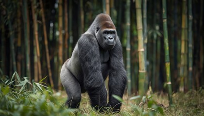 Naklejka premium Realistic outdoor photography of a silverback gorilla standing in a clearing of a bamboo forest
