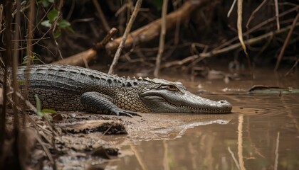 Obraz premium Candid photography of a crocodile resting on a muddy bank deep inside the jungle swamp