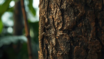 Fototapeta premium Candid indoor scene of a jungle lizard blending perfectly into the bark of a tree