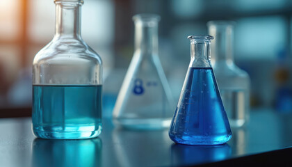 Close-up of erlenmeyer flasks containing blue liquid. Multiple glass containers sit on lab table. Research, science, and medical industries use this equipment.