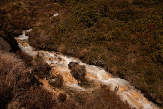 Silica Rapid terraces on the slopes of volcanic Mount Ruapehu, Tongariro National Park New Zealand. Creamy white aluminium and silicate minerals dissolved in the water are deposited on the stream bed.