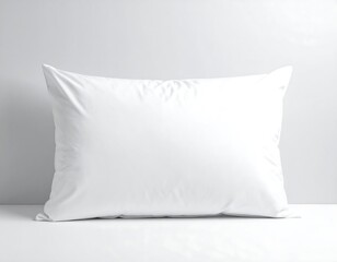 A square, plain, white pillow rests on a white surface against a neutral, slightly textured gray backdrop