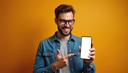 Man with glasses smiles, points to blank smartphone screen. He wears denim shirt against orange background. Use this for ads, promos, or app demos. Mobile device presentation, ready for your message.