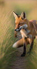 Fototapeta premium Fox in the tall grass, a beautiful wild animal in nature.