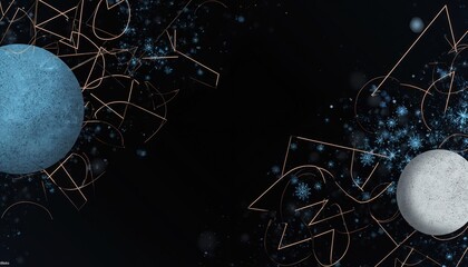 Abstract geometric pattern with glowing lines and snowflakes on black background. Two textured planets, one blue one grey, float in dark space. Modern digital art.