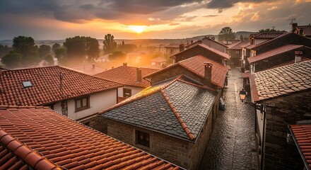 Sunrise Over Old European Town Rooftops.