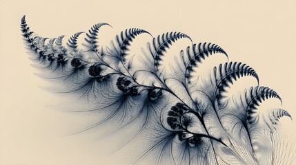 Abstract digital fractal pattern resembling a fern leaf or frost on beige background. Algorithmic mathematical art concept.