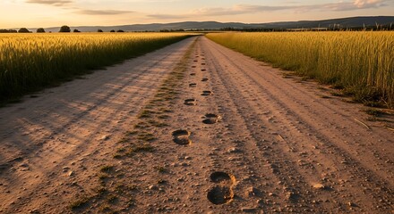 Rural dirt road with footprints through fields at sunset, leading to distant mountains.
