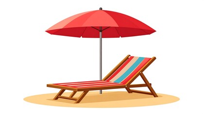 Illustration of a red beach umbrella over a striped deck chair on a sandy ground, simple cartoon style