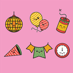 Cute cartoon party and celebration items including disco ball, balloons, party popper, hat, bunting, and clock on a pink background.