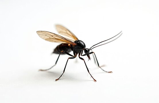 Macro view of dark fungus gnat with transparent wings standing on white surface. Small insect looks like mosquito but its harmless garden pest.