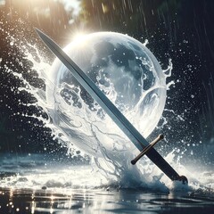 A longsword pierces a sphere of water amidst a backdrop of rain, creating dynamic splashes and sun-dappled reflections