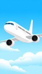 A white airplane flies in a bright blue sky, surrounded by puffy white clouds