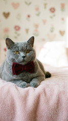 Cute grey cat wearing red bow tie lies on soft pink blanket in cosy room decorated with romantic valentine hearts showing affection and love for pet animal. Pet Valentine concept