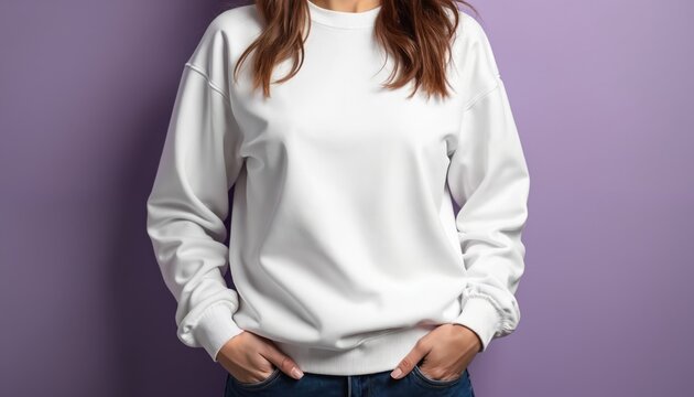 Woman wears blank white sweatshirt and blue jeans. Simple casual outfit for unisex appeal. Clean background allows easy content addition. Perfect fashion template.