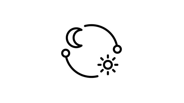 Animated 24 hours daily and diurnal cycle line icon. Day and night changing animation. The sun and moon are rotating, demonstrating a biological cycle. Outline element on a white background