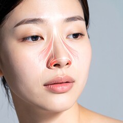 A person with red lines pointing to their nose; skincare focused
