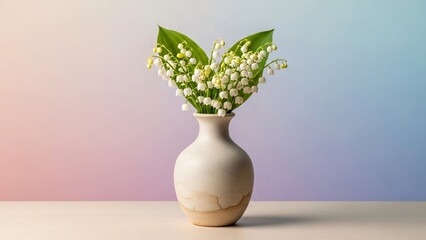 Artisanal vase holding a small bunch of lily of the valley flowers, light pastel backdrop, calm and refined composition