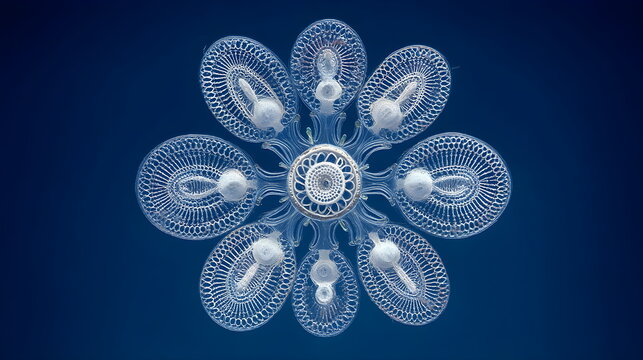 3D illustration of microscopic diatom plankton structure. Symmetrical blue biological microorganism or radiolarian on dark background - Powered by Adobe