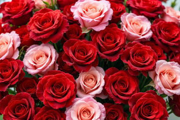 Naklejka premium Background of red and pink roses in a floral arrangement for Valentine's Day. A huge bouquet of roses.