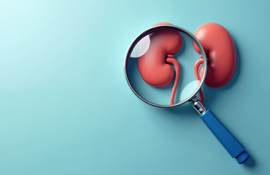 Red human kidney organ viewed through magnifying glass. Medical examination for kidney health and disease detection. Urology checkup with a tool.