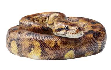 Large python resting in a tight coil emphasizing strength balance and fascinating snake anatomy isolated on transparent background PNG