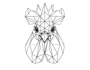 Line art depicting the geometric head of a fowl, featuring triangular shapes to define features