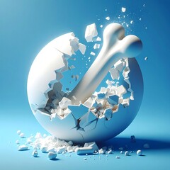 A white bone fractures through a cracked eggshell against a blue background, debris suspended in mid-air