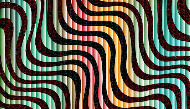 Abstract Psychedelic Op Art Background with Wavy Liquid Distortion, Vibrant Rainbow Gradients, and 3D Geometric Slat Textures