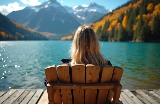 Woman relaxes in wooden Adirondack chair by lake. She gazes at mountains, autumn trees, and blue water. Peaceful nature scene, vacation tranquility, scenic view.