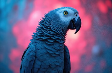 Fototapeta premium African grey parrot with bright yellow eye looks forward. Bird has dark beak and grey plumage. Background shows colorful bokeh blur of pink and blue lights. Wild animal portrait.