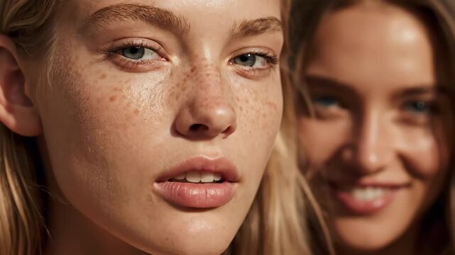 Close up captures two young women with fair skin freckles and shiny foreheads. Soft lighting accentuates their natural beauty and youthful complexions.