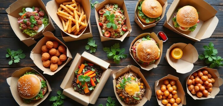 Takeaway food boxes with burgers, fries, salads, and fried balls arranged on dark wood table. Sustainable packaging for fast food delivery. Healthy meals and snacks served in eco friendly containers.