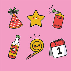 Adorable kawaii style New Year celebration elements set on a vibrant pink background.